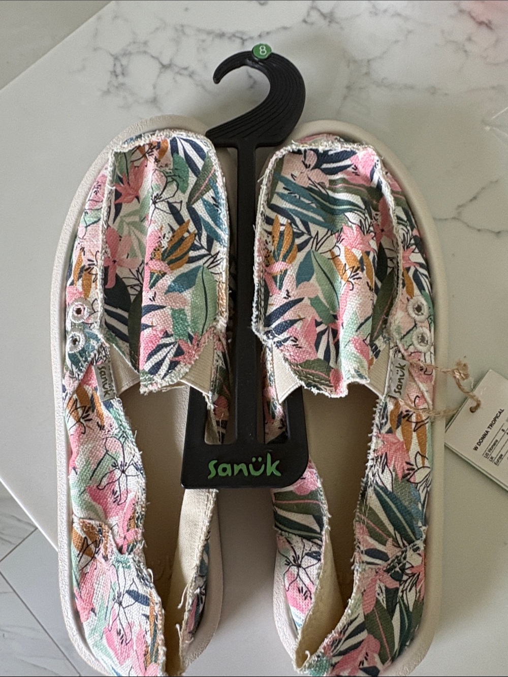 Sanuk Tropical Floral Canvas Slip-Ons in Pink, Green, Navy - Picture 1 of 4